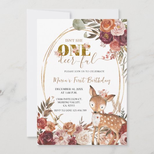 Marsala Floral One Deer Ful Girl Einladung (Vorderseite)