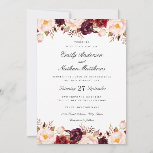 Marsala Floral Red Burgundy Wedding Einladung (Vorderseite)