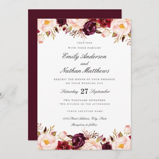 Marsala Floral Red Burgundy Wedding Einladung (Vorne/Hinten)