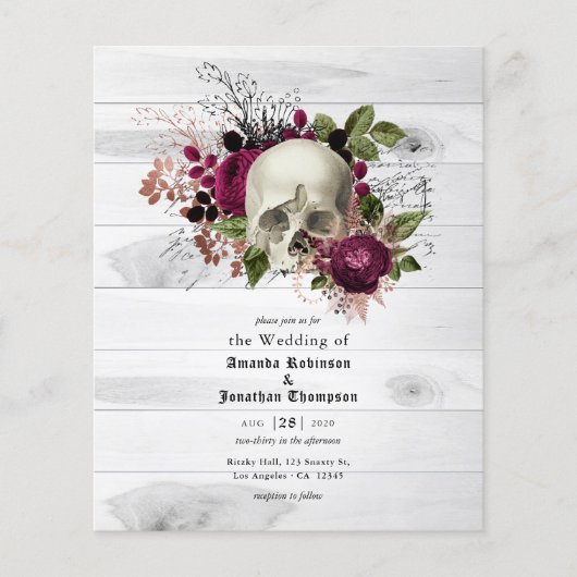 Marsala Floral Skull Halloween Gothic Wedding Flyer (Vorne)