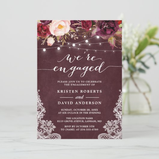 Marsala Floral String Lights Lace Engagement Party Einladung (Stehend Vorderseite)