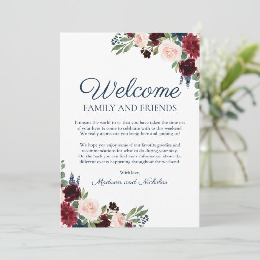 Marsala Floral Wedding Hotel Welcome Cards Programm (Stehend Vorderseite)