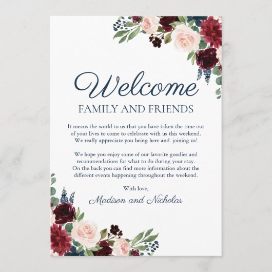 Marsala Floral Wedding Hotel Welcome Cards Programm (Vorderseite)