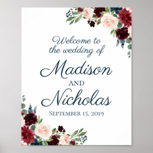 Marsala Floral Wedding Welcome Sign Poster