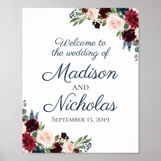 Marsala Floral Wedding Welcome Sign Poster (Vorne)