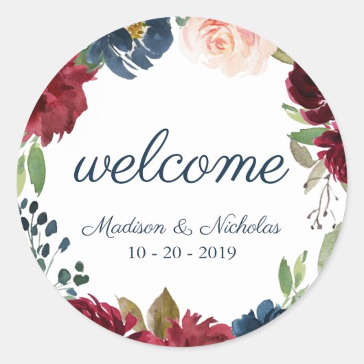 Marsala Floral Wedding Welcome Stickers (Vorderseite)