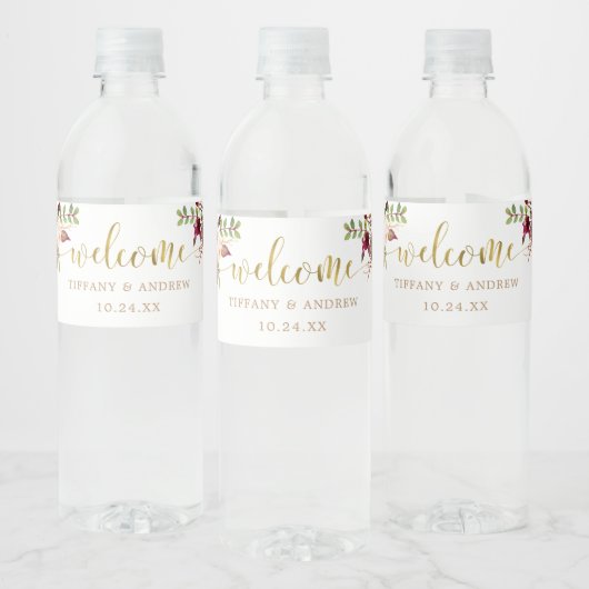 Marsala Floral Wedding Welcome Water Flasche Label Wasserflaschenetikett (Flaschen)