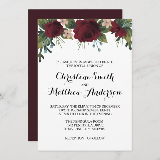 Marsala Floral Winter Wedding Einladung (Vorne/Hinten)