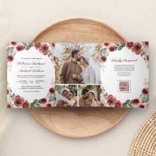 Marsala Florale Fotocollage QR-Code Hochzeit Dreifach Gefaltete Einladung