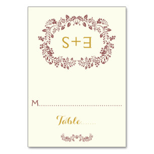 Marsala foliage and initials Hochzeit Platzkarte Tischnummer