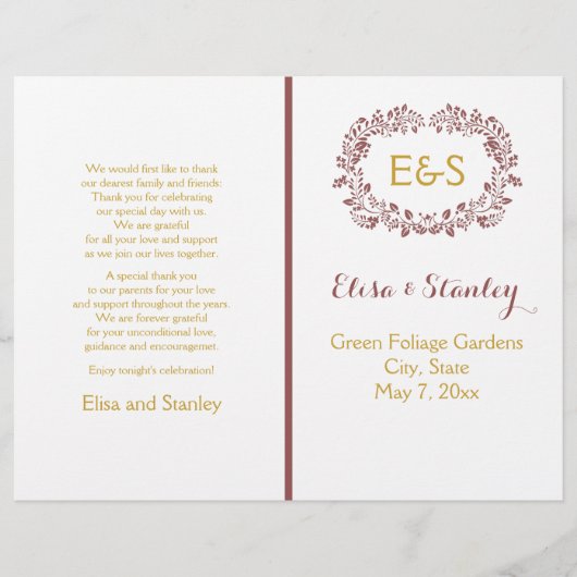 Marsala Foliage Kranz Rahmen Hochzeitsprogramm (Vorderseite)