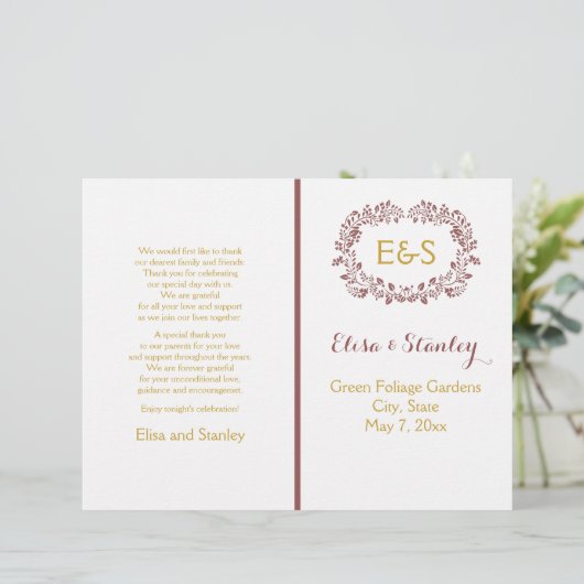 Marsala Foliage Kranz Rahmen Hochzeitsprogramm (Stehend Vorderseite)