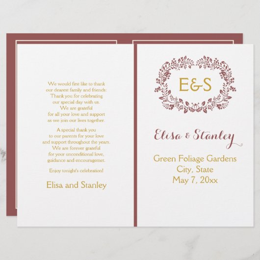 Marsala Foliage Kranz Rahmen Hochzeitsprogramm (Vorne/Hinten)