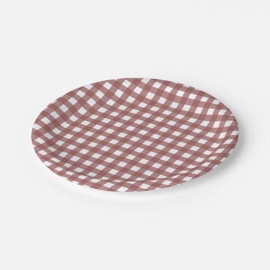 Marsala Gingham-Muster Pappteller (Schrägansicht)