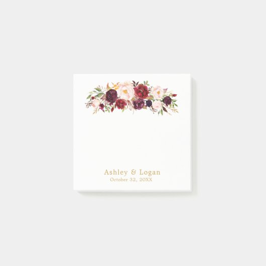 Marsala Gold Elegant Floral Wedding Post-it Notes Klebezettel (Vorderseite)