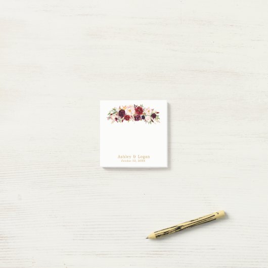 Marsala Gold Elegant Floral Wedding Post-it Notes Klebezettel (Auf Schreibtisch)