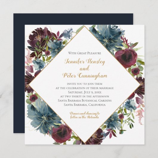 Marsala Gold Floral | Square Wedding Einladung (Vorne/Hinten)