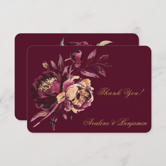 Marsala Gold Painted Peony Wedding Danke Karte (Vorne/Hinten)