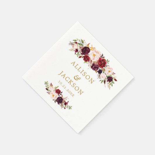 Marsala Gold Red Blume Monogram Wedding Napkin Serviette (Ecke)