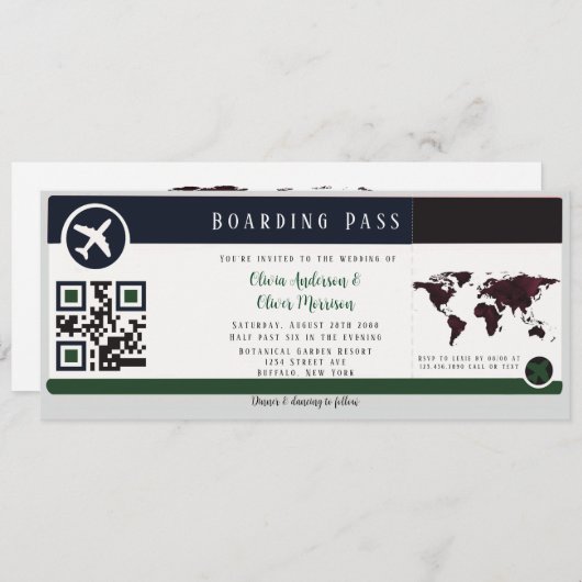 Marsala Green Boarding Pass Wedding Einladung (Vorne/Hinten)