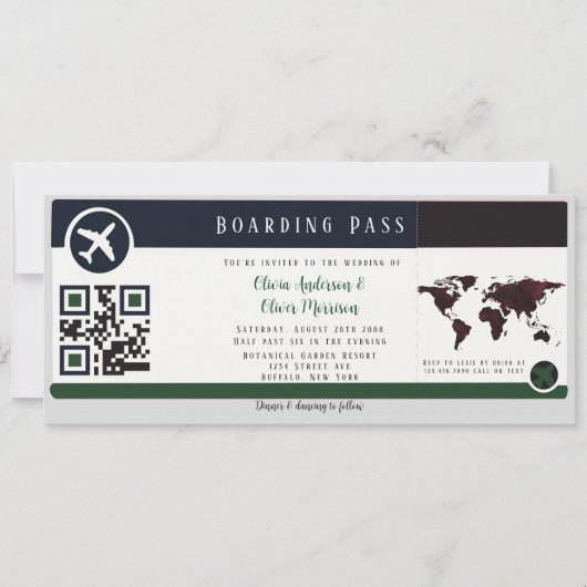 Marsala Green Boarding Pass Wedding Einladung (Vorderseite)