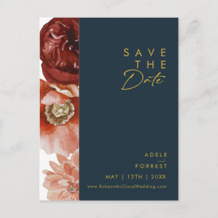 Marsala Herbst Floral Navy Save The Date Postkarte