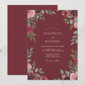 Marsala-Hochzeit mit bemalter Foliage Einladung (Vorne/Hinten)