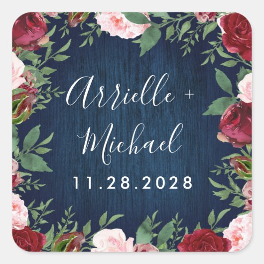 Marsala Land Rustikale Gastgeschenk Hochzeit Stick Quadratischer Aufkleber (Vorderseite)