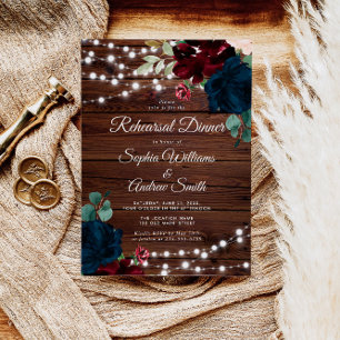 Marsala & Navy Blume Rustic Wood Probe Dinner Einladung