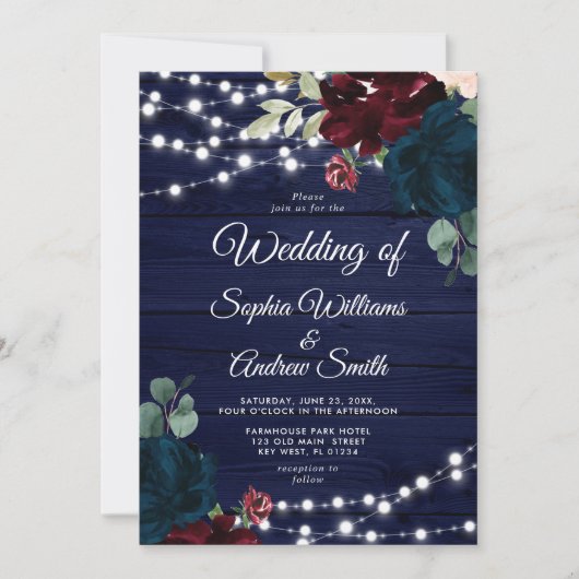 Marsala & Navy Blume Rustic Wood Wedding Einladung (Vorderseite)