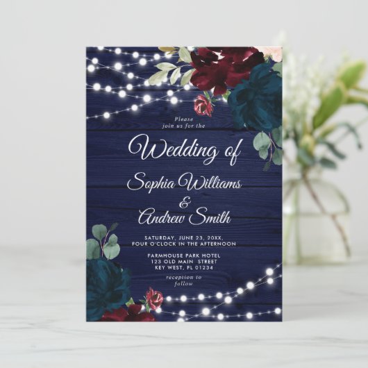 Marsala & Navy Blume Rustic Wood Wedding Einladung (Stehend Vorderseite)