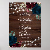 Marsala & Navy Blume Rustic Wood Wedding Willkomme Poster (Vorne)