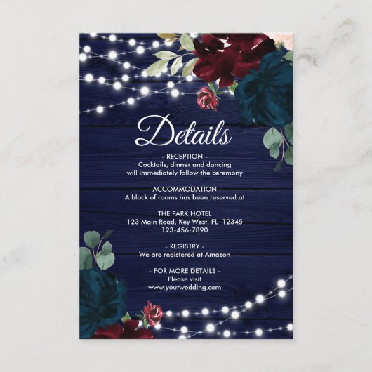 Marsala & Navy Blume Rustikale Holzdetails Begleitkarte (Vorderseite)