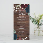Marsala & Navy Blume Rustikale Holzhochzeit Menükarte (Stehend Vorderseite)