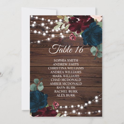Marsala & Navy Blume Rustikale Seating Chart 16 Einladung (Vorderseite)