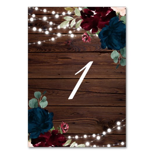 Marsala & Navy Blume Rustikaler Holztisch 1 Hochze Tischnummer (Rückseite)
