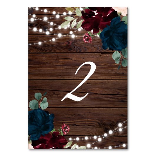 Marsala & Navy Blume Rustikaler Holztisch 2 Hochze Tischnummer (Rückseite)