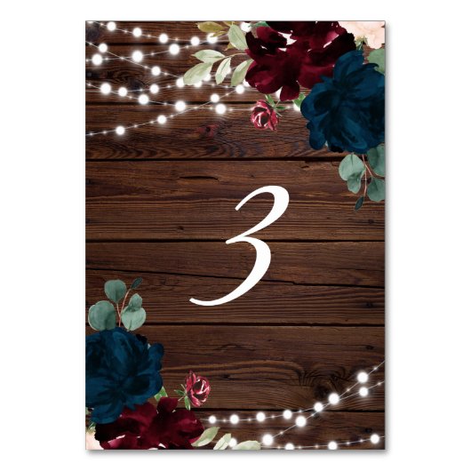 Marsala & Navy Blume Rustikaler Holztisch 3 Hochze Tischnummer (Rückseite)