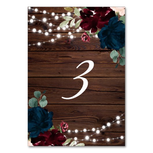 Marsala & Navy Blume Rustikaler Holztisch 3 Hochze Tischnummer (Vorderseite)