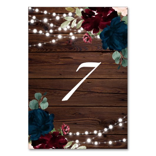 Marsala & Navy Blume Rustikales Holz 7 Tischnummer (Vorderseite)