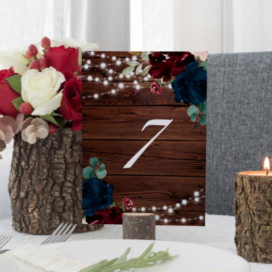 Marsala & Navy Blume Rustikales Holz 7 Tischnummer