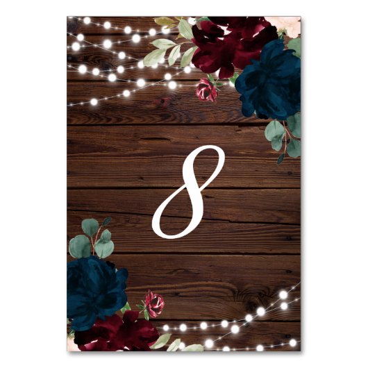 Marsala & Navy Blume Rustikales Holz 8 Tischnummer (Rückseite)