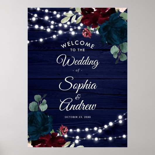 Marsala & Navy Blume Rustikales Holz Begrüßungszei Poster (Vorne)