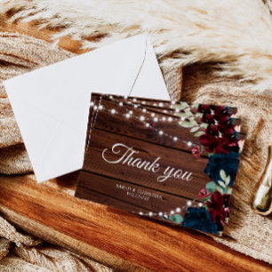Marsala & Navy Blume Rustikales Holz Danke Karte
