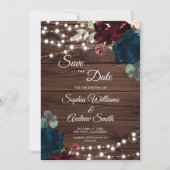 Marsala & Navy Blume Rustikales Holz Save the Date (Vorderseite)