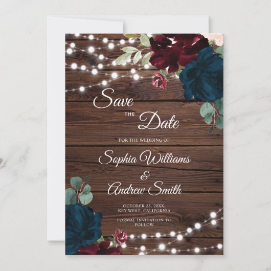 Marsala & Navy Blume Rustikales Holz Save the Date (Vorderseite)