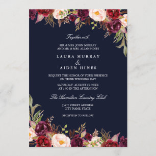 Marsala Navy Burgundy Watercolor Floral Wedding Einladung