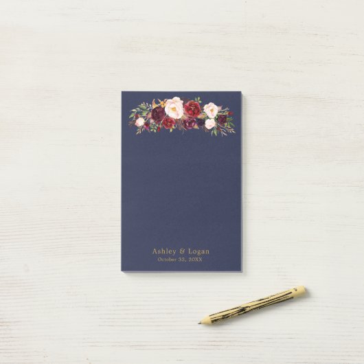 Marsala Navy Elegant Floral Wedding Post-it Notes Klebezettel (Auf Schreibtisch)