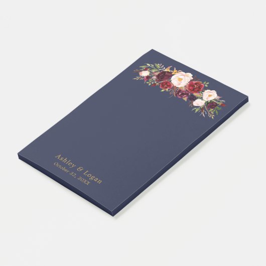 Marsala Navy Elegant Floral Wedding Post-it Notes Klebezettel (angewinkelt)