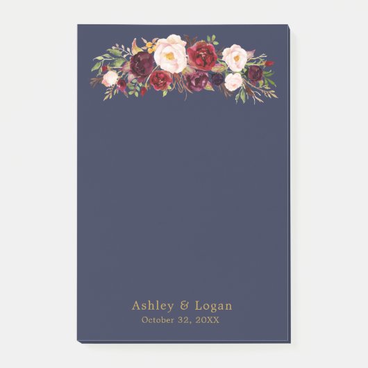 Marsala Navy Elegant Floral Wedding Post-it Notes Klebezettel (Vorderseite)